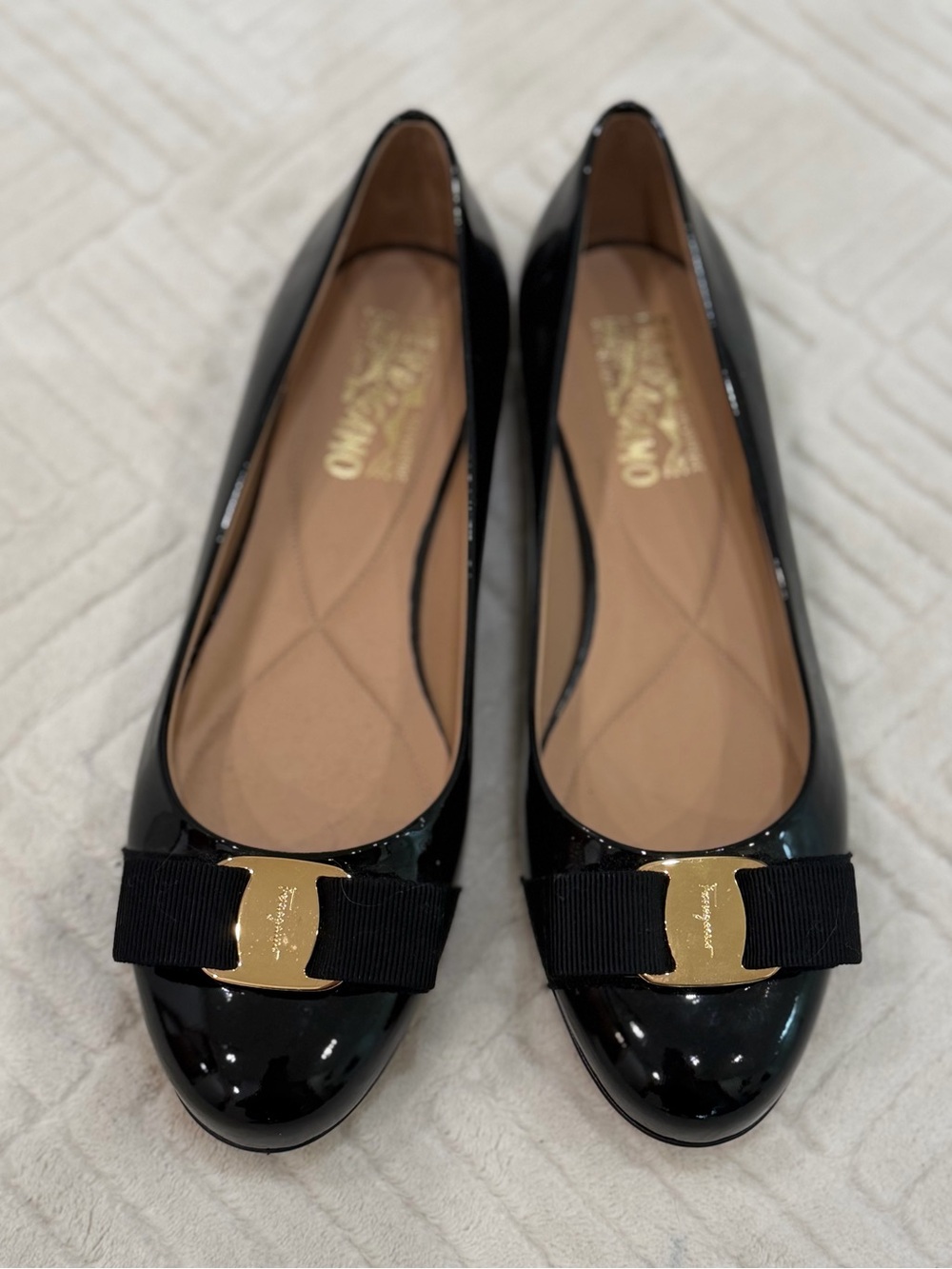 Salvatore Ferragamo Black Patent Vara Bow Flats with Gold Plaque